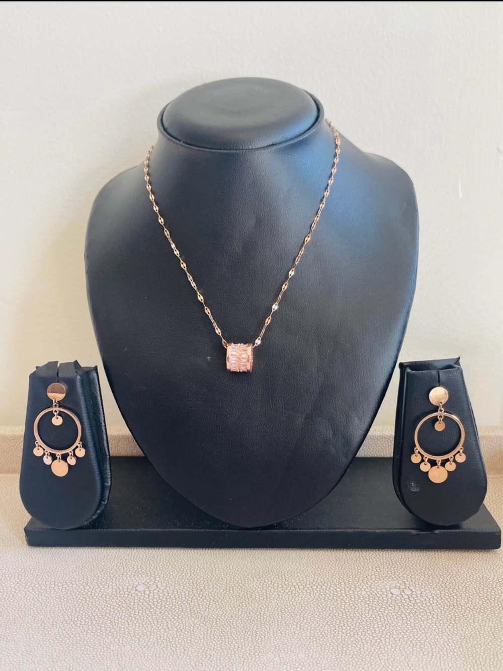Rose Gold Pendant Necklace and Hoop Drop Earrings Set